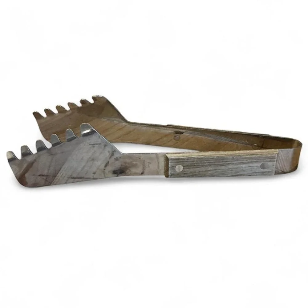 Heavy duty tongs with a stainless steel body and a wooden handle  made in Japan